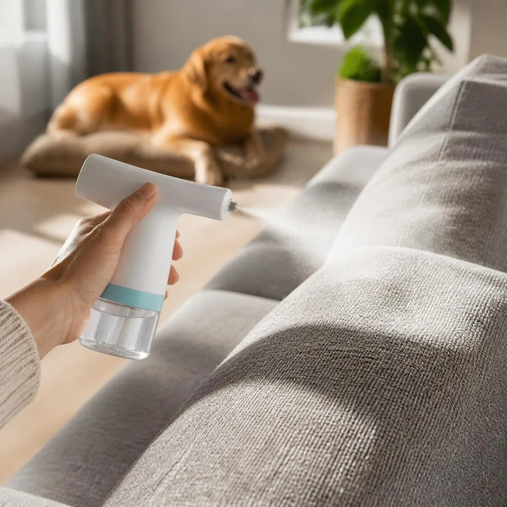 Misting a sofa with a golden retriever nearby