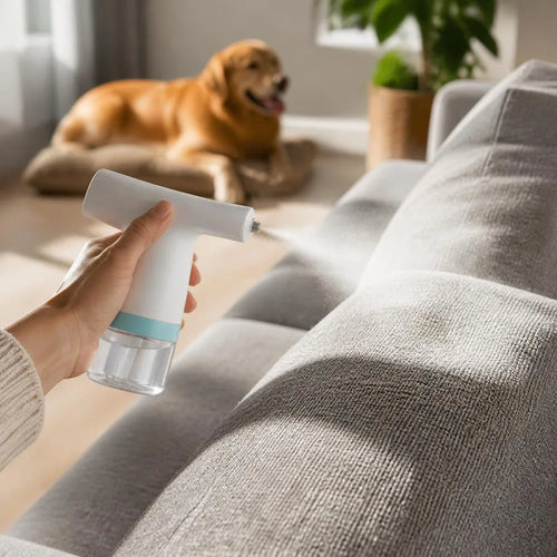 Misting a sofa with a golden retriever nearby
