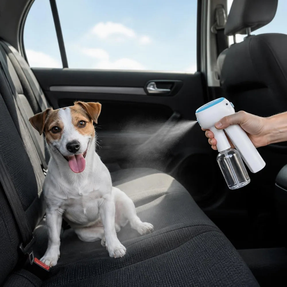 Misting a car seat with a terrier
