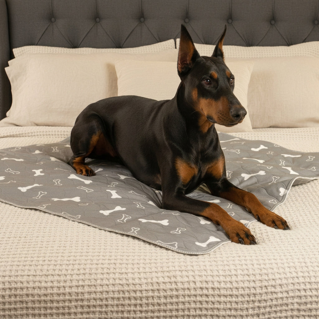 Dog resting comfortably on a grey reusable pad