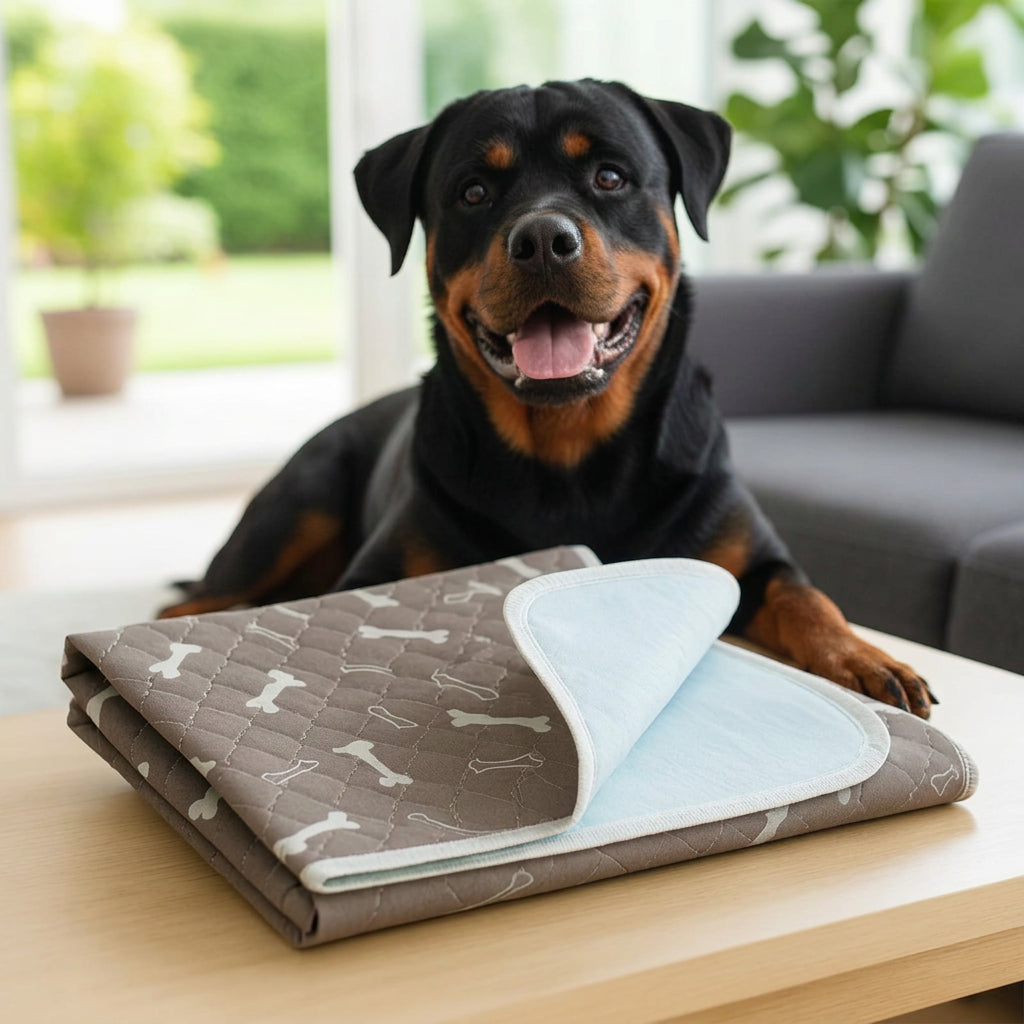 Dog beside folded reusable grey pee pads