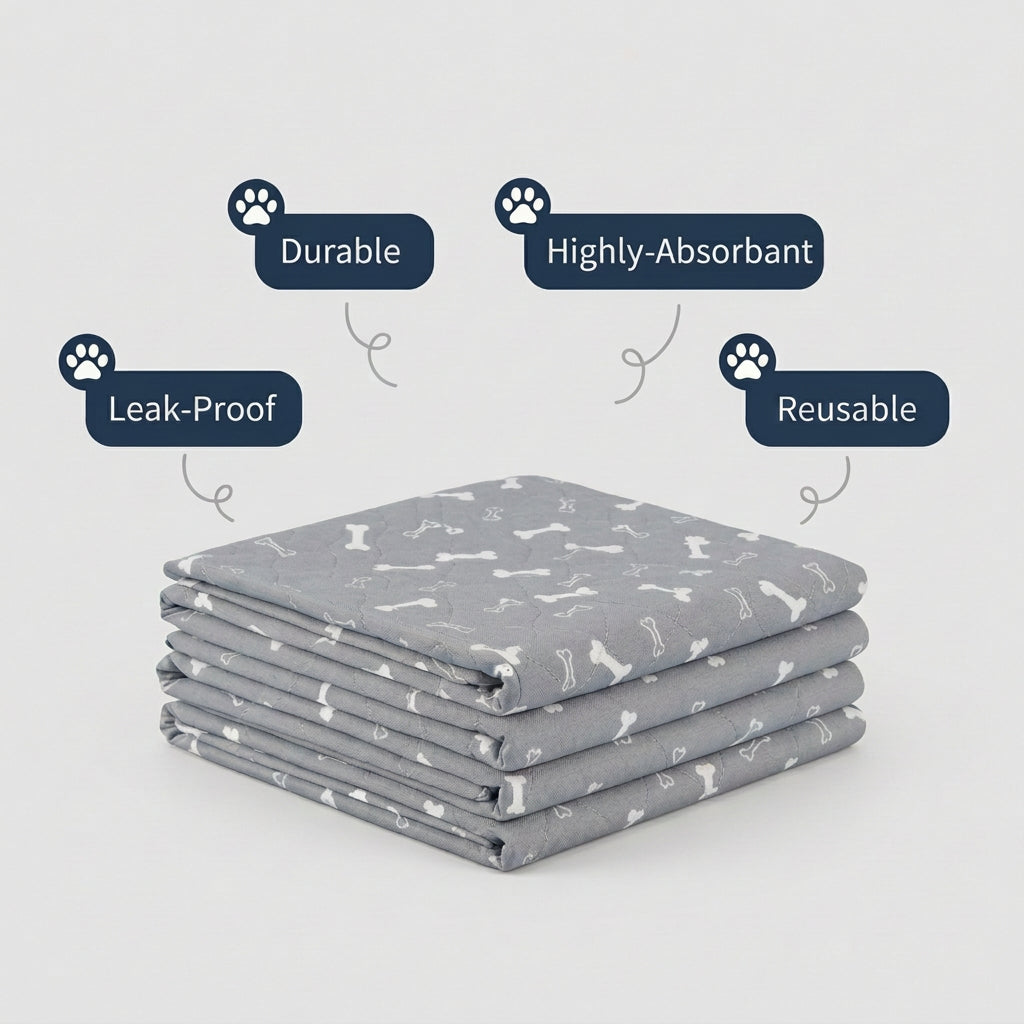 Stacked grey pet pads labelled Durable, Highly-Absorbant, Leak-Proof and Reusable