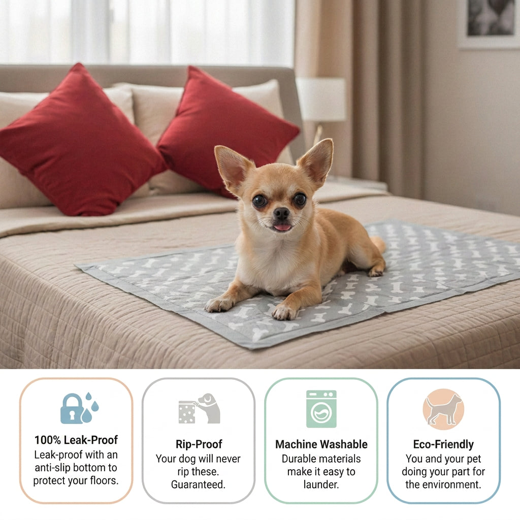 Small dog beside reusable pee pad feature guide